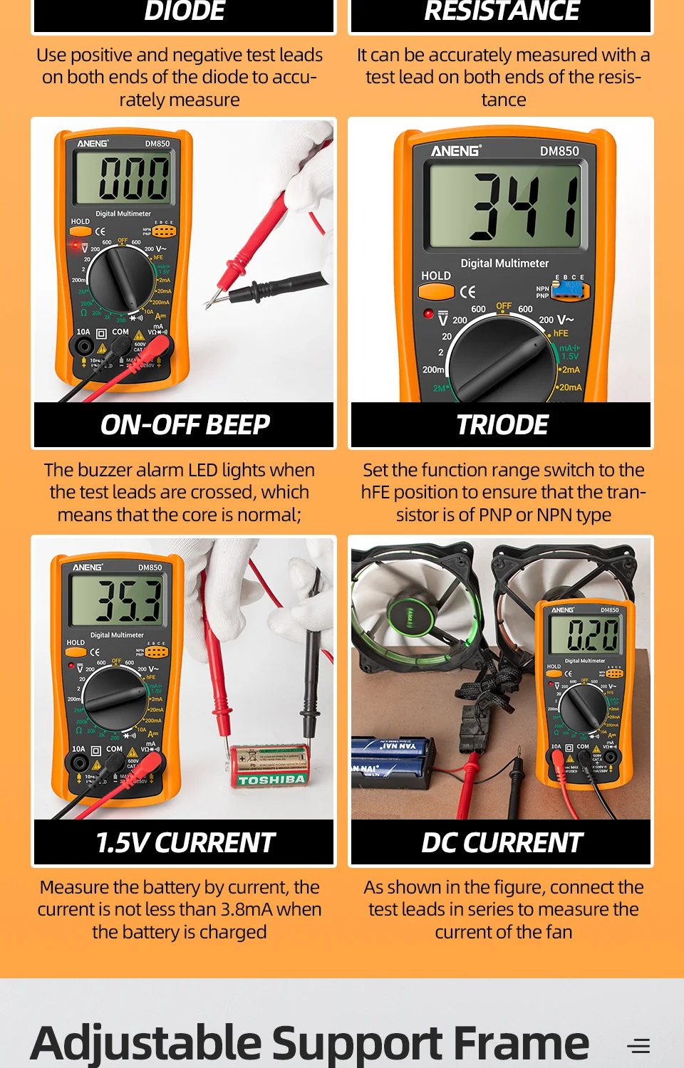 ANENG DM850 Digitalmultimeter, automatisch, professionell, 1999, zählt, Auto-AC/DC-Spannungsprüfer, Ohm-Strom-Amperemeter-Detektor-Werkzeug – Detail 5