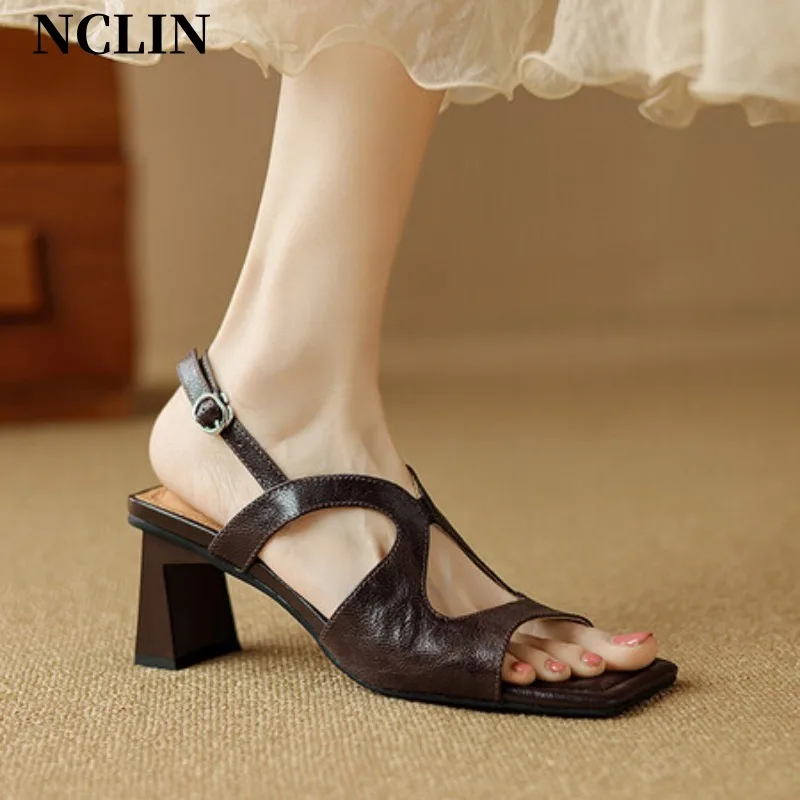 New Genuine Leather Women Sandals Chunky Heel Buckle Strap Platform Sandals Pumps For Women Summer Casual GLADIATOR Women Shoes