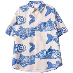 Men's shirt lapel summer short -sleeved 3D printing fashion personality pattern loose fit design comfortable street top