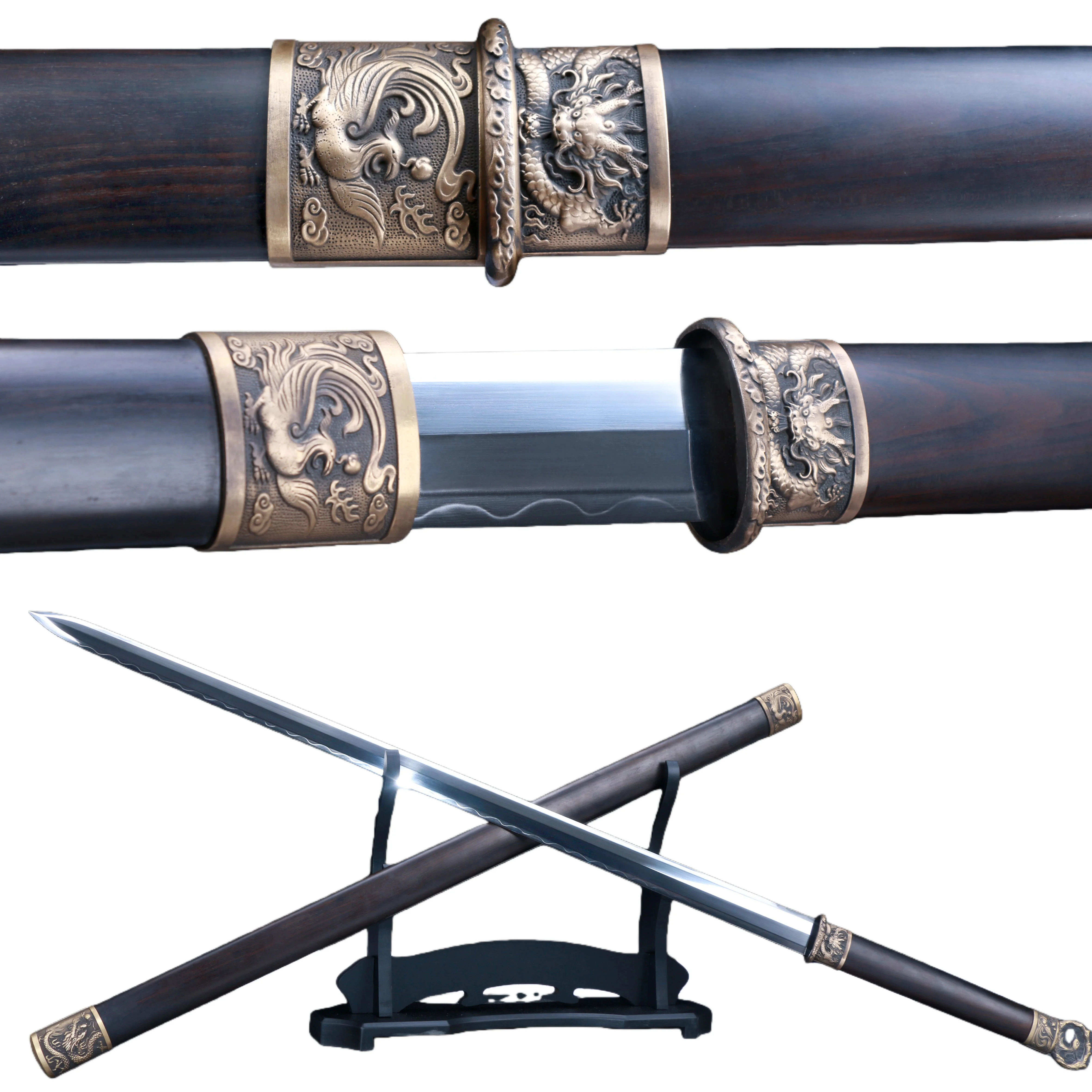 Chinese Dragon and Phoenix samurai Sword, Ebony scabbard, t10 steel forged Harmon Sharp blade, medieval katana Knight ninja full