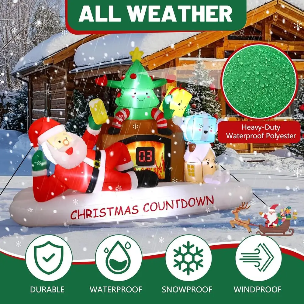 Christmas Outdoor Inflatable Decorations with LED Countdown Clock, Santa, Tree, Fireplace, and Gift Boxes for Holiday Party Lawn