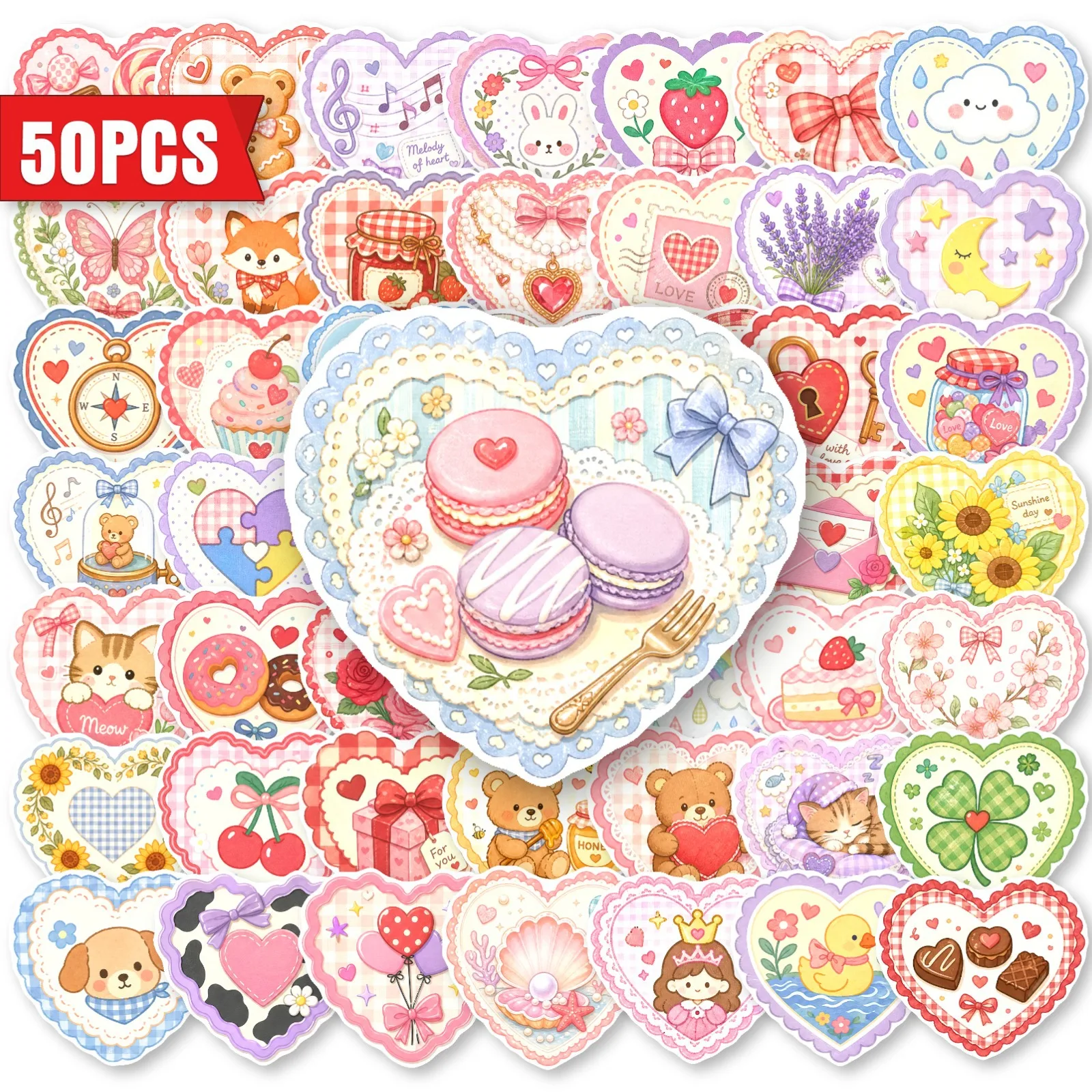 50 PCS Heart Shape Bear Hand Account Decorate Decals Waterproof Cartoon Cute Pattern Material Waterproof Student Stickers Decals