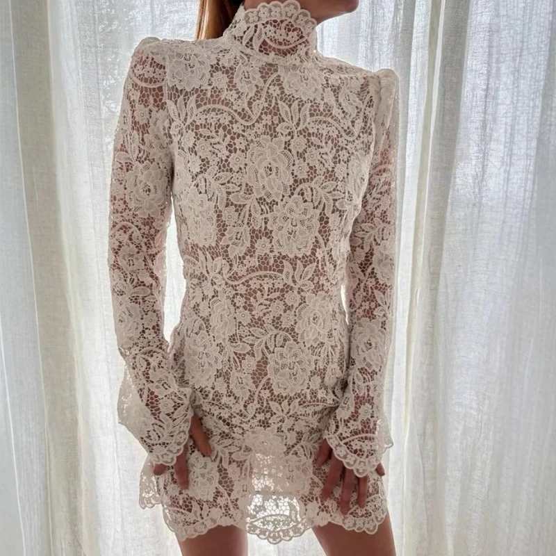 Damenmode-Spitze, kurz, Stehkragen, hohl, langärmelig, europäisches und amerikanisches Kleid, heiße Mädchen