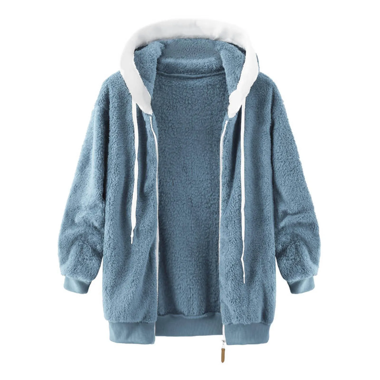 Women Plush Winter Sweatshirt Loose Artificial Wool Zipper Drawstring Long-Sleeved Hoodie Sweater Coat Thicken Warm Jackets Pull