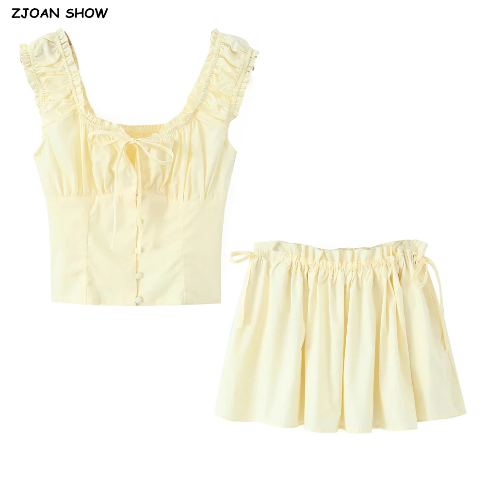 Sexy Light Yellow Bow U Ruched Chest Open Buttons Tank Top + Adjustable Rope Lacing Up Waist Mini Skirt 2 Pieces Set