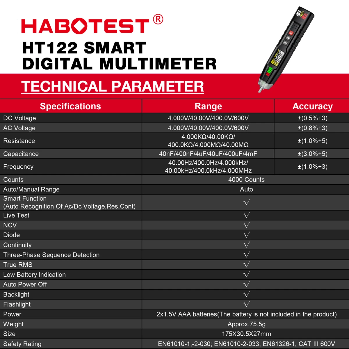 HABOTEST HT122 Smart Pen Type Multimeter Digital Multi-meter True RMS DC AC Voltage Meter Voltmeter NCV Phase Sequence Tester