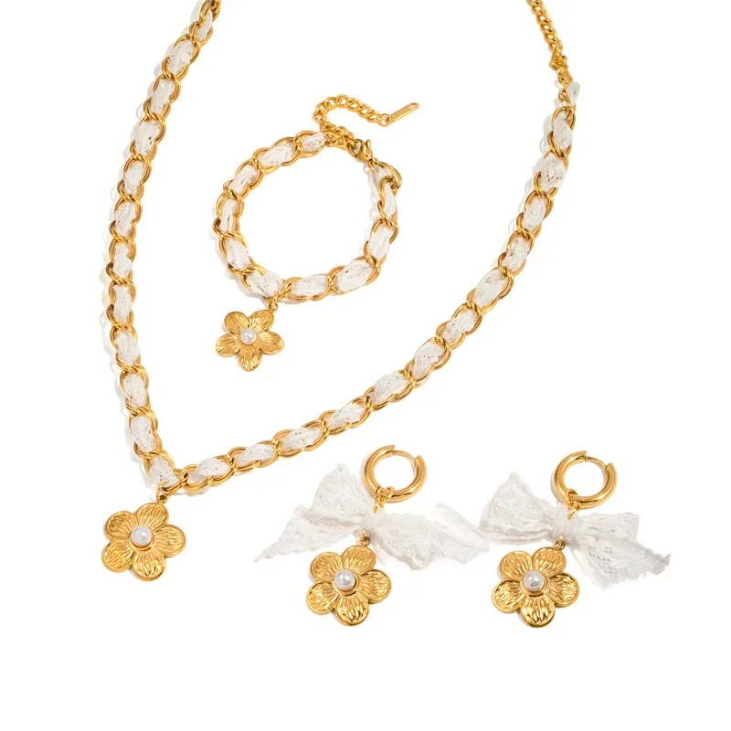 

Minar Hot Sale Lace Bowknot Simulated Pearl Flower Hoop Earrings for Women 18K Gold PVD Plated 316L Stainless Steel Non Tarnish