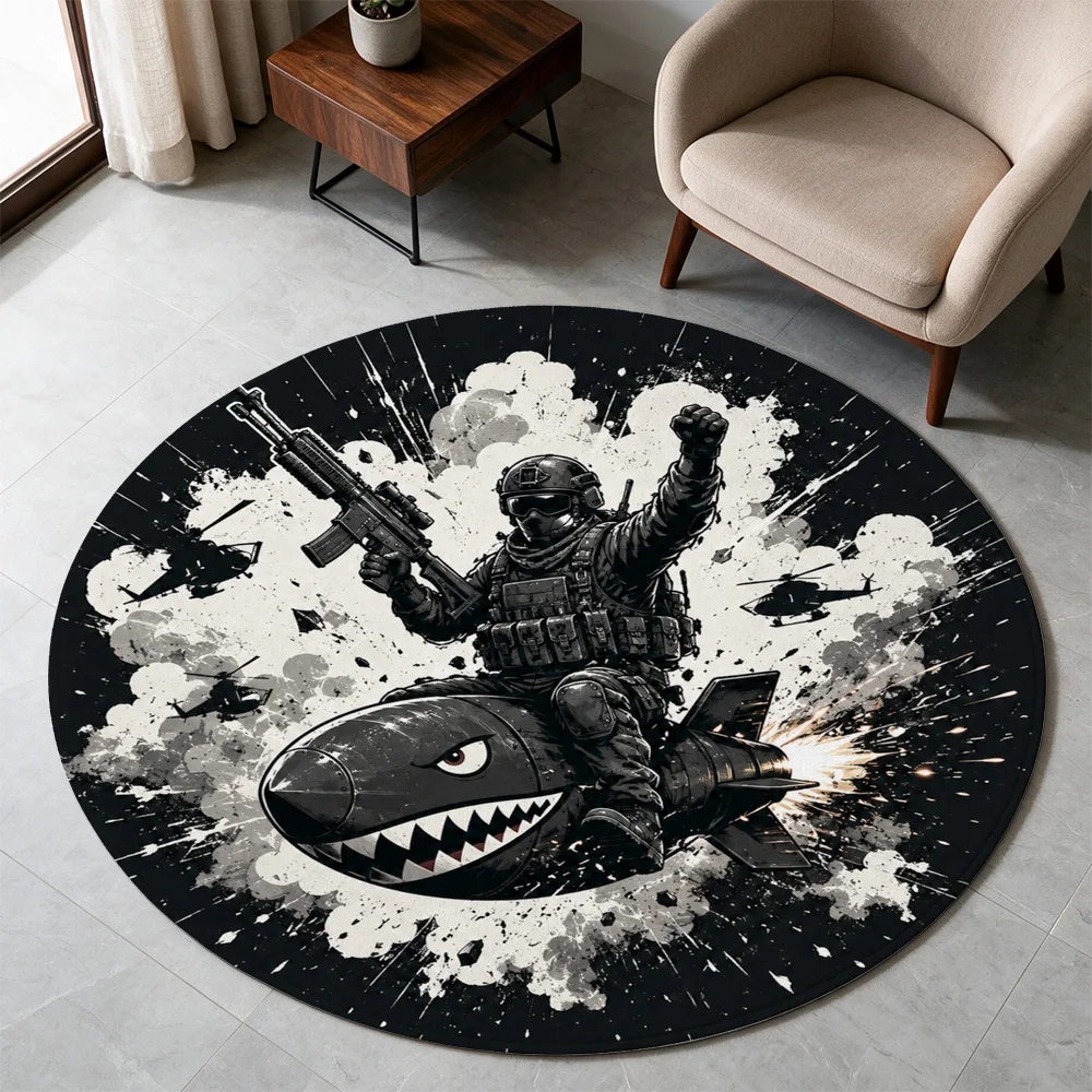 Military Zombie Shark Attack Tactical Shooter Gaming Area Rug for Man Cave Decor