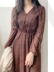 Autumn Basic Dresses Women Fashion Long Sleeve Slim Waist Floral Printed Vintage Dress Korea Style Clothes Cute Design 9202