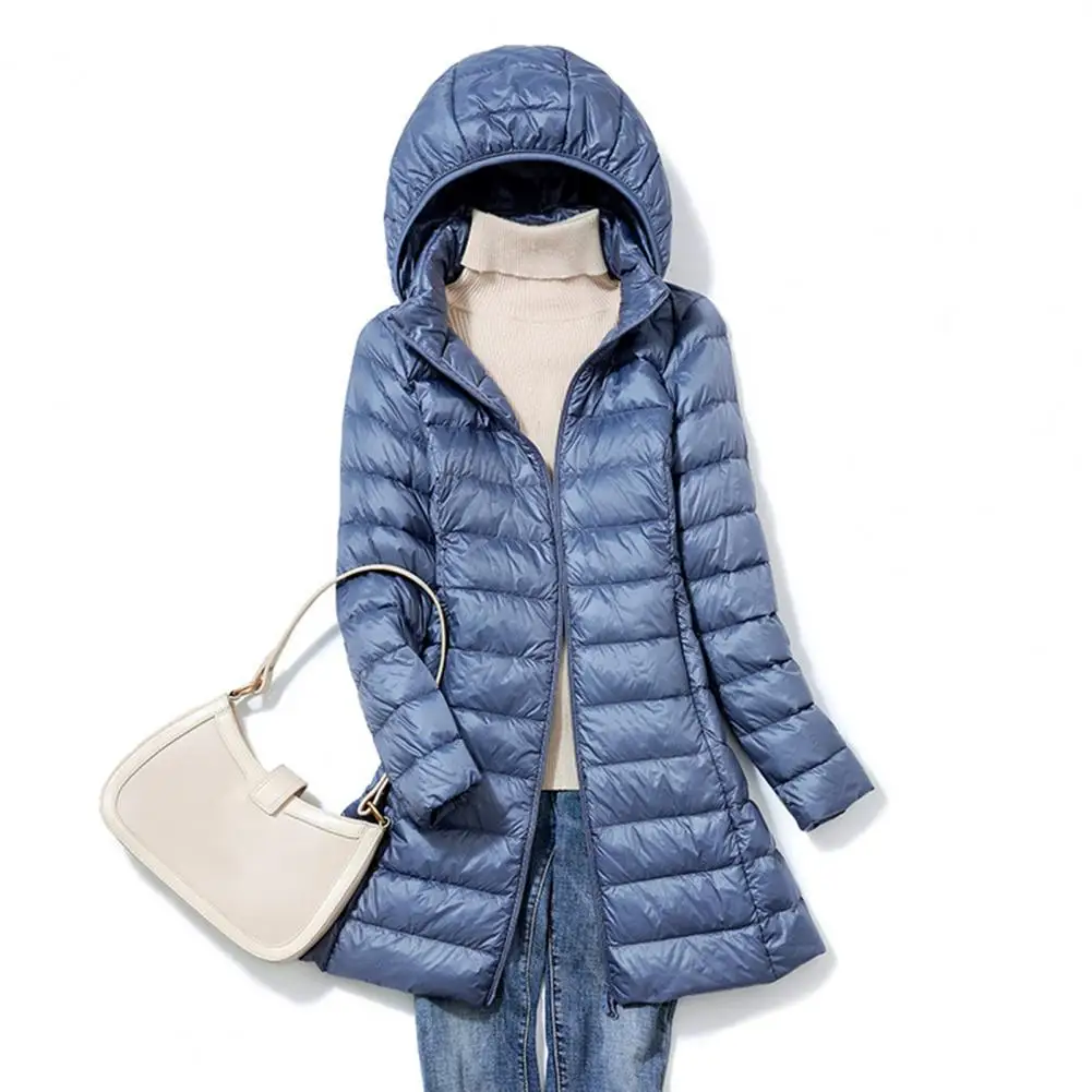 Manteau en duvet blanc rembourré épais avec capuche en peluche, sac de rangement, coupe-vent, mi-long, vêtements d'extérieur pour la météo, hiver