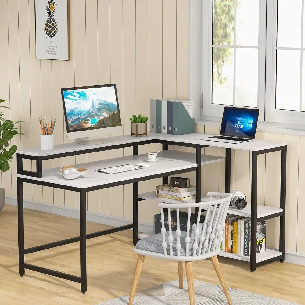 55 Inch Reversible L Shaped Computer Desk with Storage Shelf, Modern White Corner Desk with Shelves and Monitor Stand