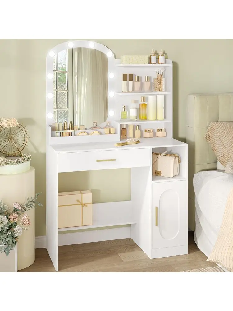 Table with Oval Mirror, Dressing Table with LED Lights, Adjustable Brightness, Vanity Desk with Drawer, Cabinet and Open Compar