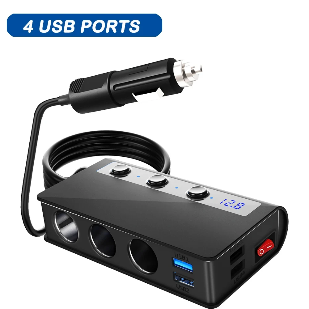 180W Car Charger Adapter 3 Ports Cigarette Lighter Splitter USB Charger With Independent Switch Fast Charge Car Accessaries