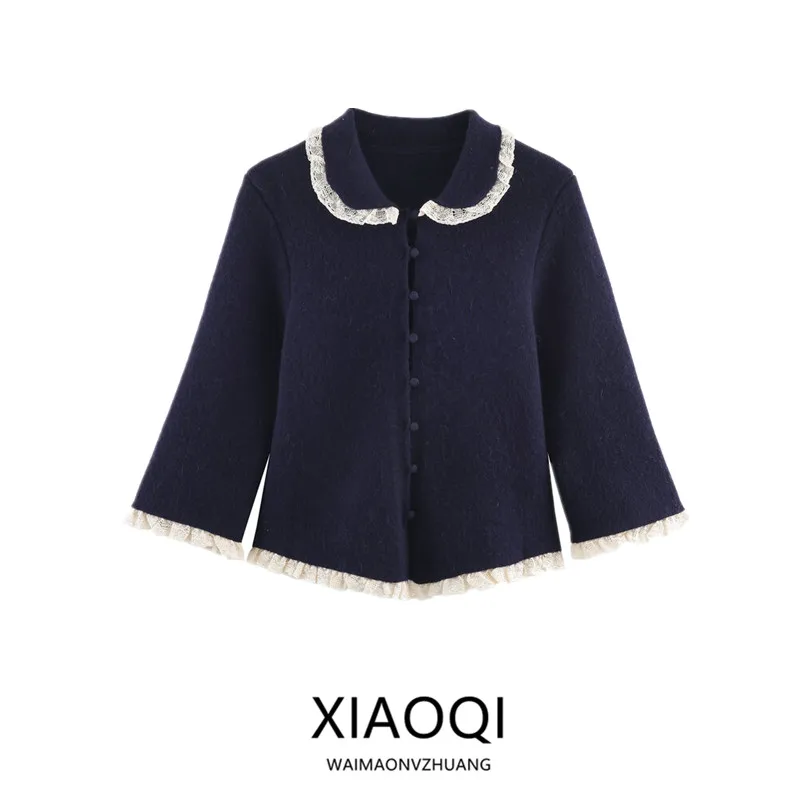 

Winter 2025 New Arrival Women's Knitted Long Sve Ruffle Trimmed Collar Coat European Sle Faion Ladies Cardigan