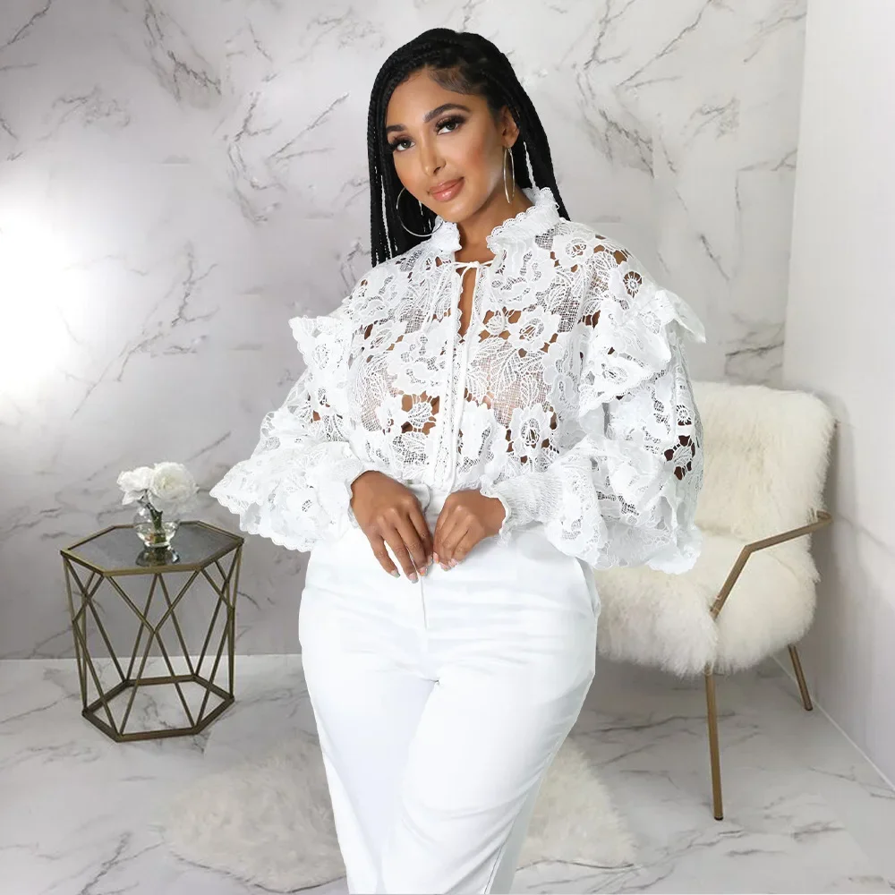 Women Elegant Lace See Though Ruffles Lantern Long Sleeve Floral Shirt and Blouse Tops Dashiki African Shirts