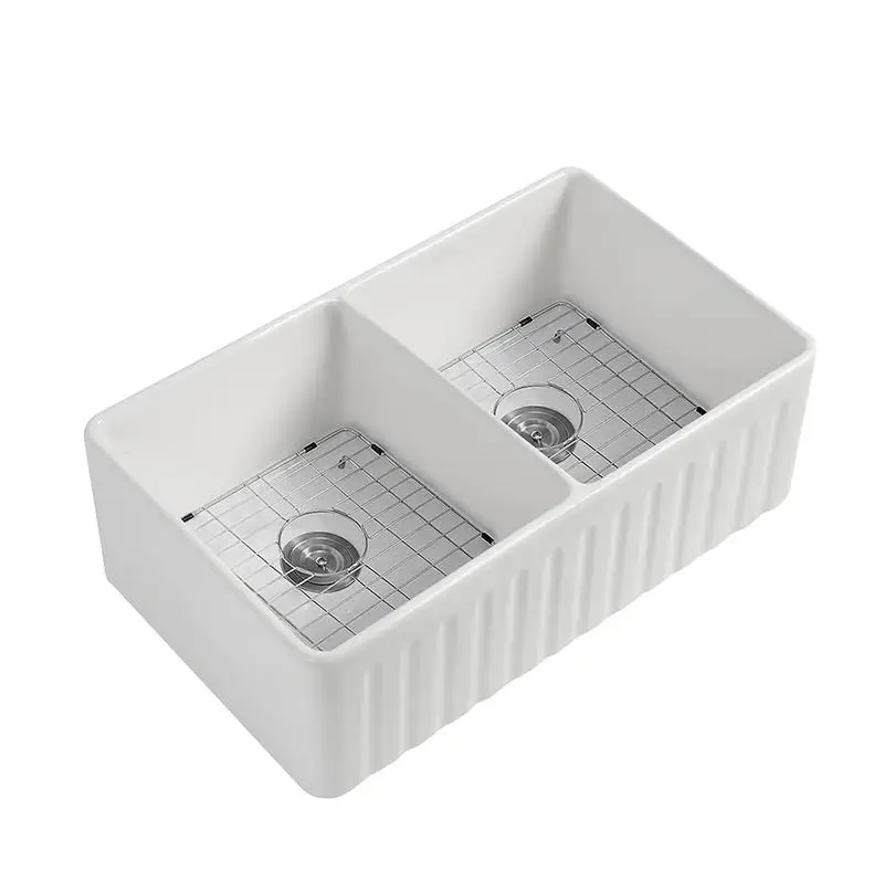 

33" L x 20" W Double Basin Farmhouse Kitchen Sink with Grid & Strainer - Durable Fireclay Construction, Ideal for Modern