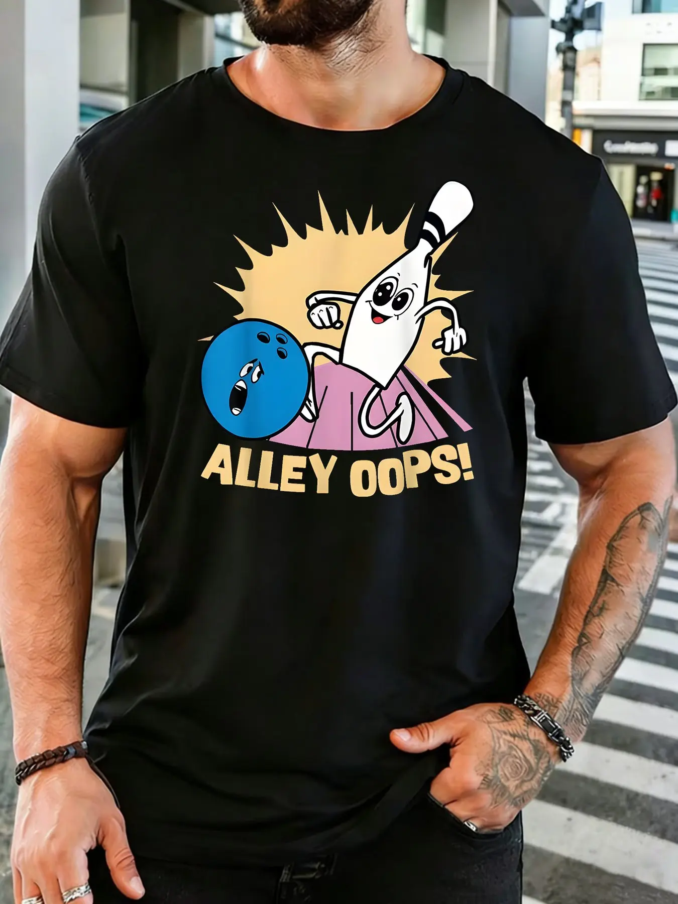 Men Dark Grey Crew Neck Tee Alley Oops Cartoon Bowling Pin Scared Blue Ball Retro Burst Sport Humor Soft Cotton Casual Top