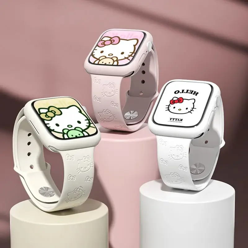 Original Sanrio Hello Kitty Leather Link for Apple Watch Band 45mm 41 44mm 40mm 49mm Bracelet IWatch 8 9 7 6 5 Strap Watch Strap