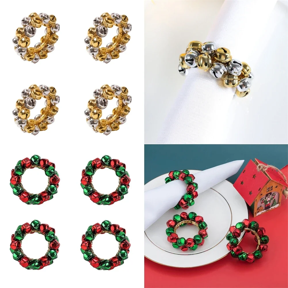 4 Pcs Christmas Bell Napkin Ring Rings Xmas Garland Buckles Holders For Round Jingle Silver Stainless Steel