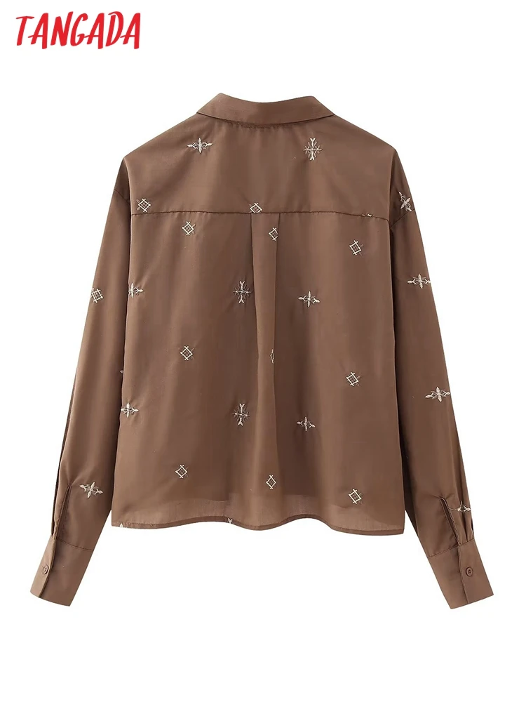 Tangada 2023 Women Oversized Embroidery Shirt Blouses Long Sleeve Female Crop Shirts Tops CE04