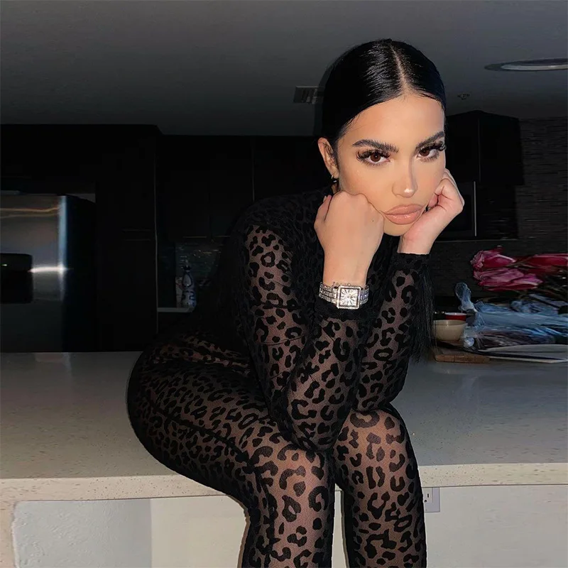 Animal Instinct Mesh Bodystocking Leopard See Through Velour Long Sleeve Rompers Womens Jumpsuit Sexy Midnight Clubwear