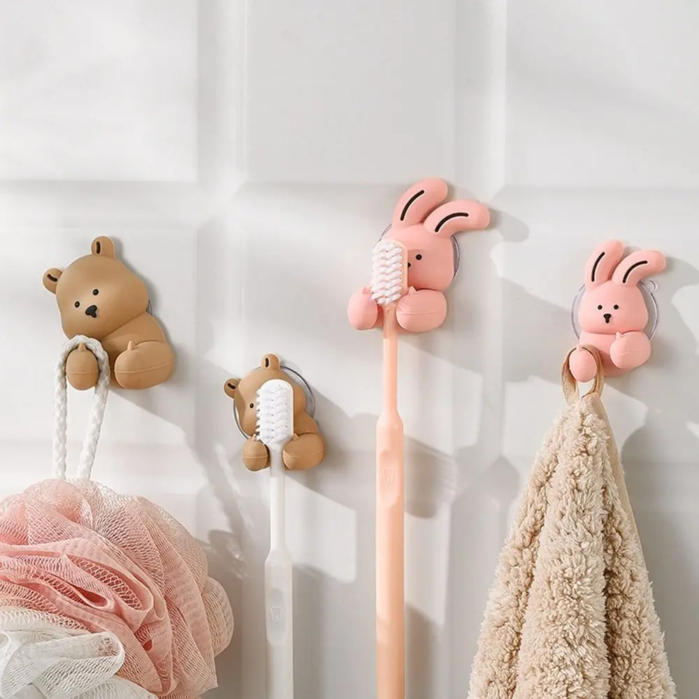 Cute Wall-mounted Bunny Toothbrush Holder Suction Cup Silicone Rabbit Bear Toothbrush Holder Shaver Wire Storage Hook