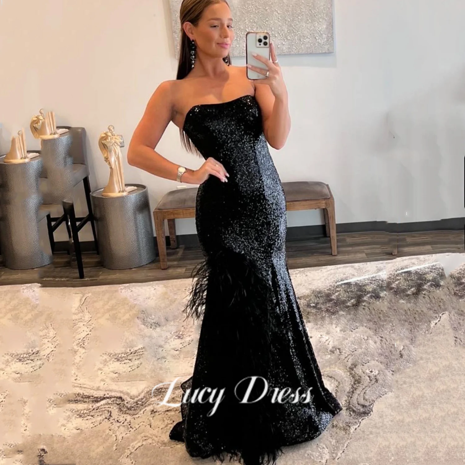 

Lucy Elegant Evening Dresses for Women 2023 Mermaid Women's Luxury Party Dress Sequins Woman's Black Prom Off the Shoulders Sexy