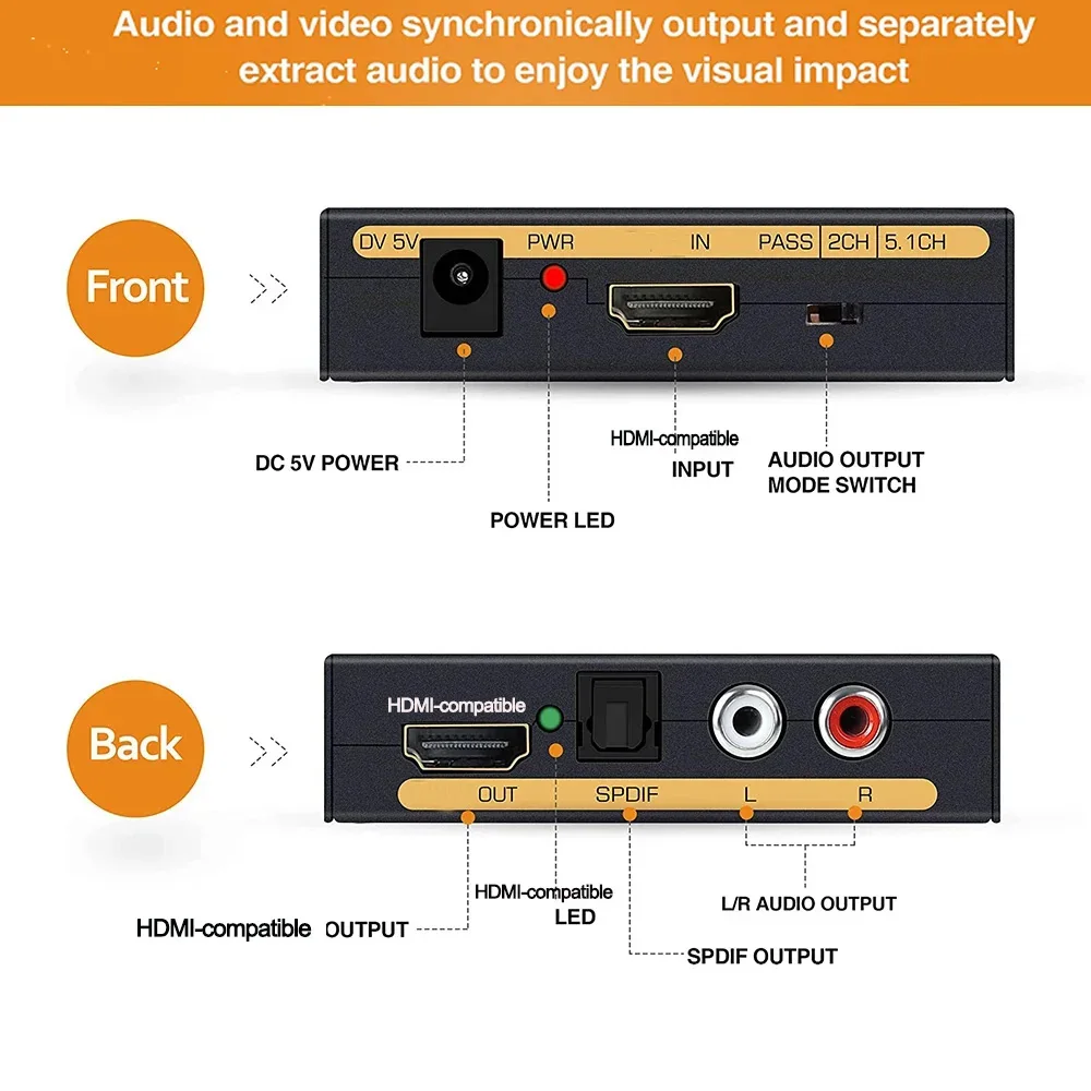 Convertisseur extracteur audio HD vers HD +, éventuelles DIF + RCA L/R, stéréo, Fire Stick, Xbox PS5, prise en charge 3D, HDCP 2.2, 18Gpbs