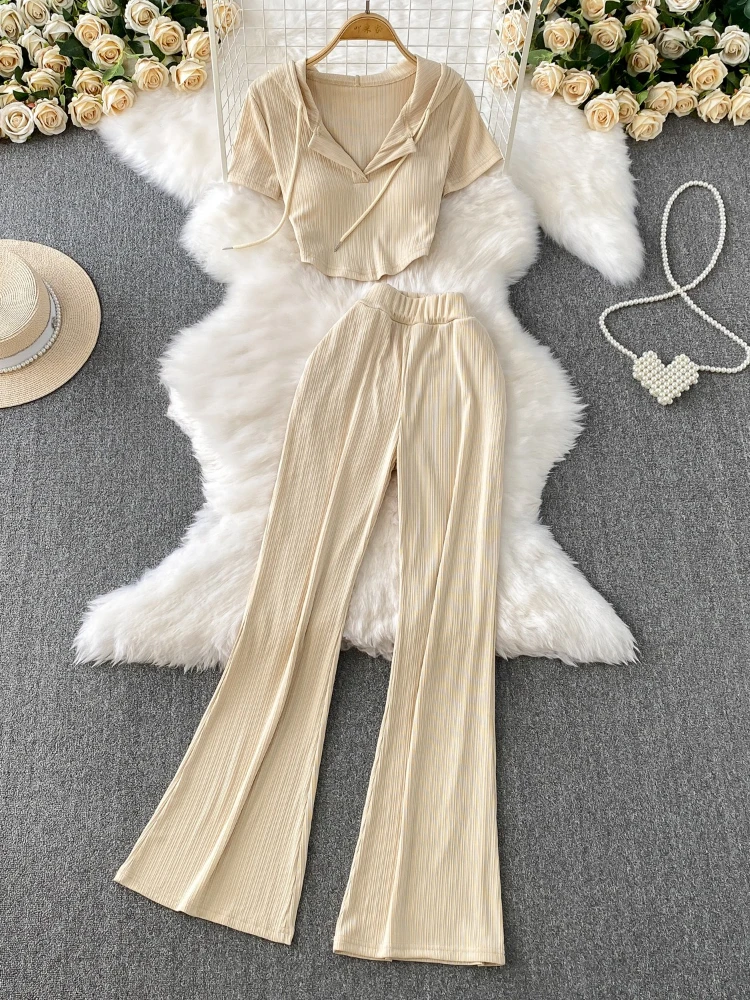 

Spicy girl style sexy V-neck with chest pad short knitted hooded top+high waist slimming wide leg flared pants two-piece set