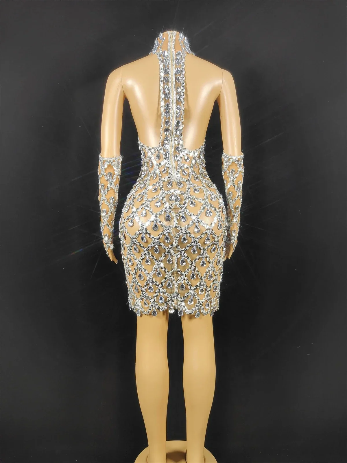 Vestido de cumpleaños para mujer con cristales plateados y brillantes, malla para celebración en club nocturno, fiesta de graduación, traje de Drag Queen, ropa de escenario para cantante