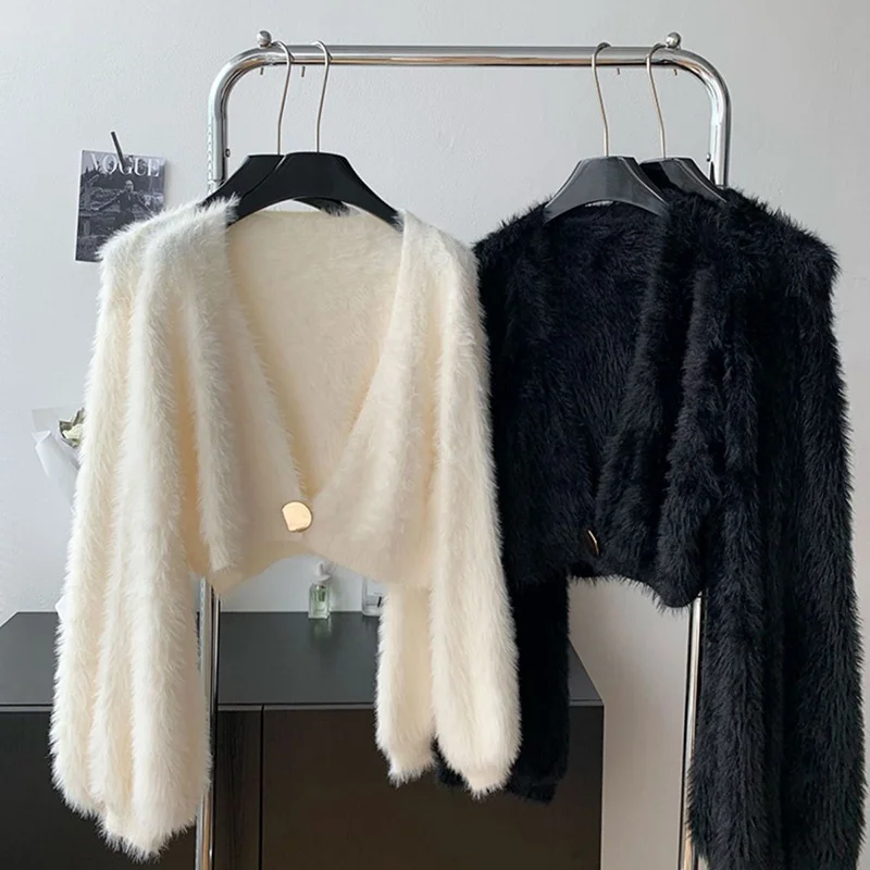 Autumn Mink Velvet Sweater White Cropped Cardigans Woman Korean Fashion One Button Elegant Furry Coat All Match Long Sleeve Tops