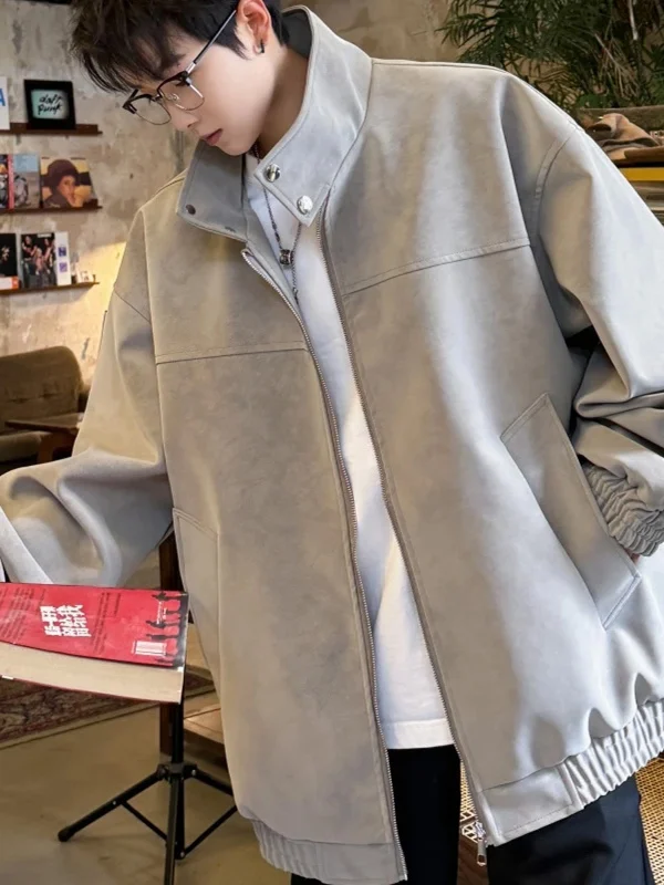 

Retro American Dyed PU Leather Jaet Men's High-End Harlanton Stand Collar Biker Coat Spring Cool Couple Motorcycle Wear