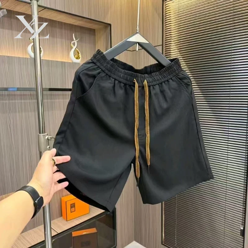 Premium Old Money Style Men Casual Shorts Linen Tencel Elastic Waist Drawstring Cool Touch Beach Vacation Straight Half Pants