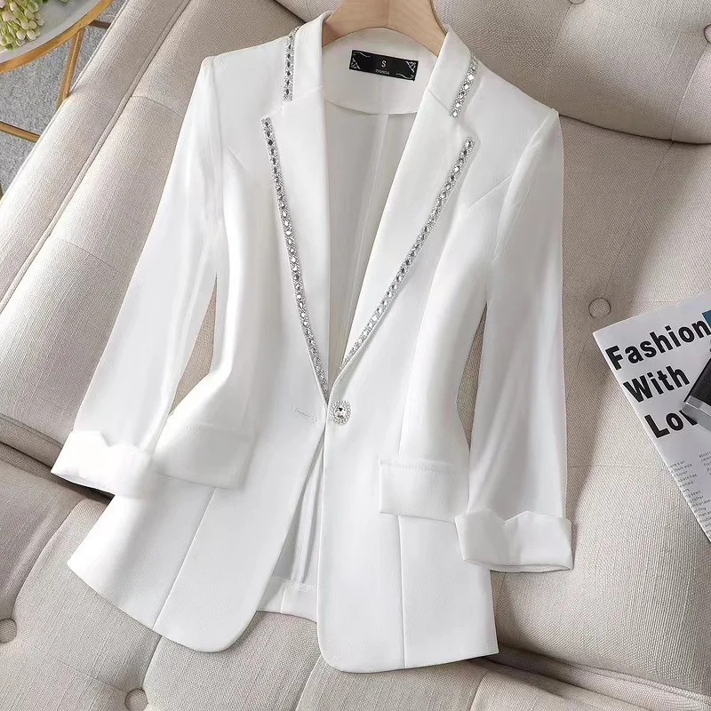 2023 New Women\'s Blazer Diamond-Encrusted Summer Sunscreen Jacket White Suit Jacket Women Fashion Thin Blazer Jacket Women 4XL