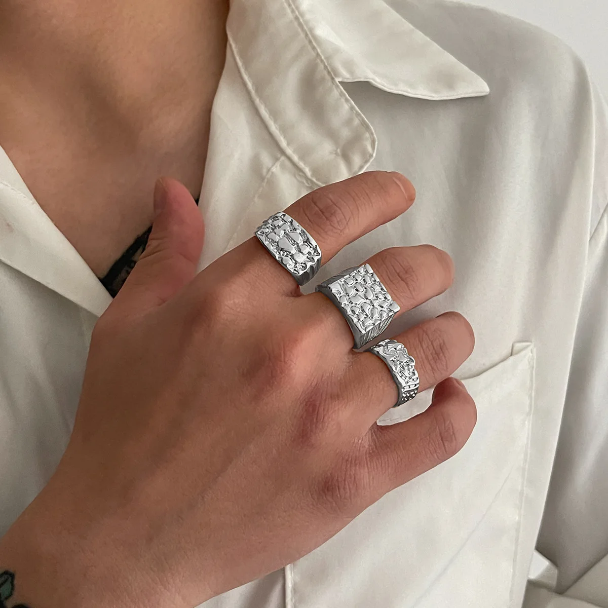 Zciti Stackable Ring Set Silver Tone Textured Square Design Alloy With Silver Plating Fashion Jewelry For Women Men Unisex Gifts