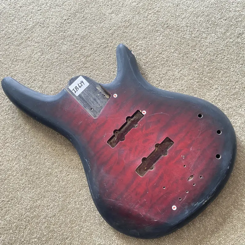 

IB629 Red&Black Burst Quilted Maple Top Jazz Bass Body with Paints&Wood Damages Semi Finishing Bass Guitar DIY Replace USE