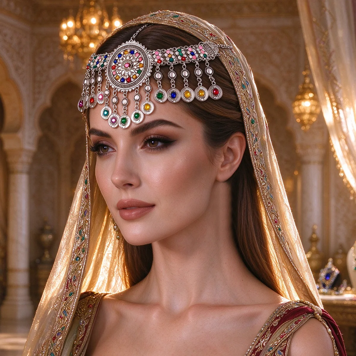 Bohemia Colorful Rhinestone Heart Tassel Head Chain Headdress Hollow Geometry Hair Accessories Ethnic Turkish Egypt Jewelry Gift