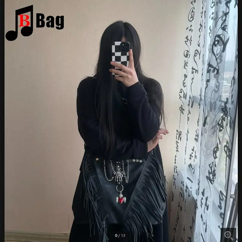 Y2K tas tangan Punk perempuan wanita Gotik tas tangan buatan tangan Harajuku cakar Retro rumbai Rivet Satu bahu tas Straddle Diagonal kulit