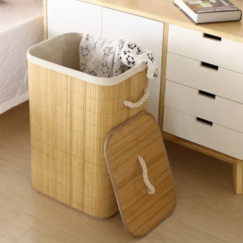 Home Clothes Storage Box Foldable Clothes Storage Basket Bamboo Laundry Basket Dirty Clothes Storage Bucket Lid