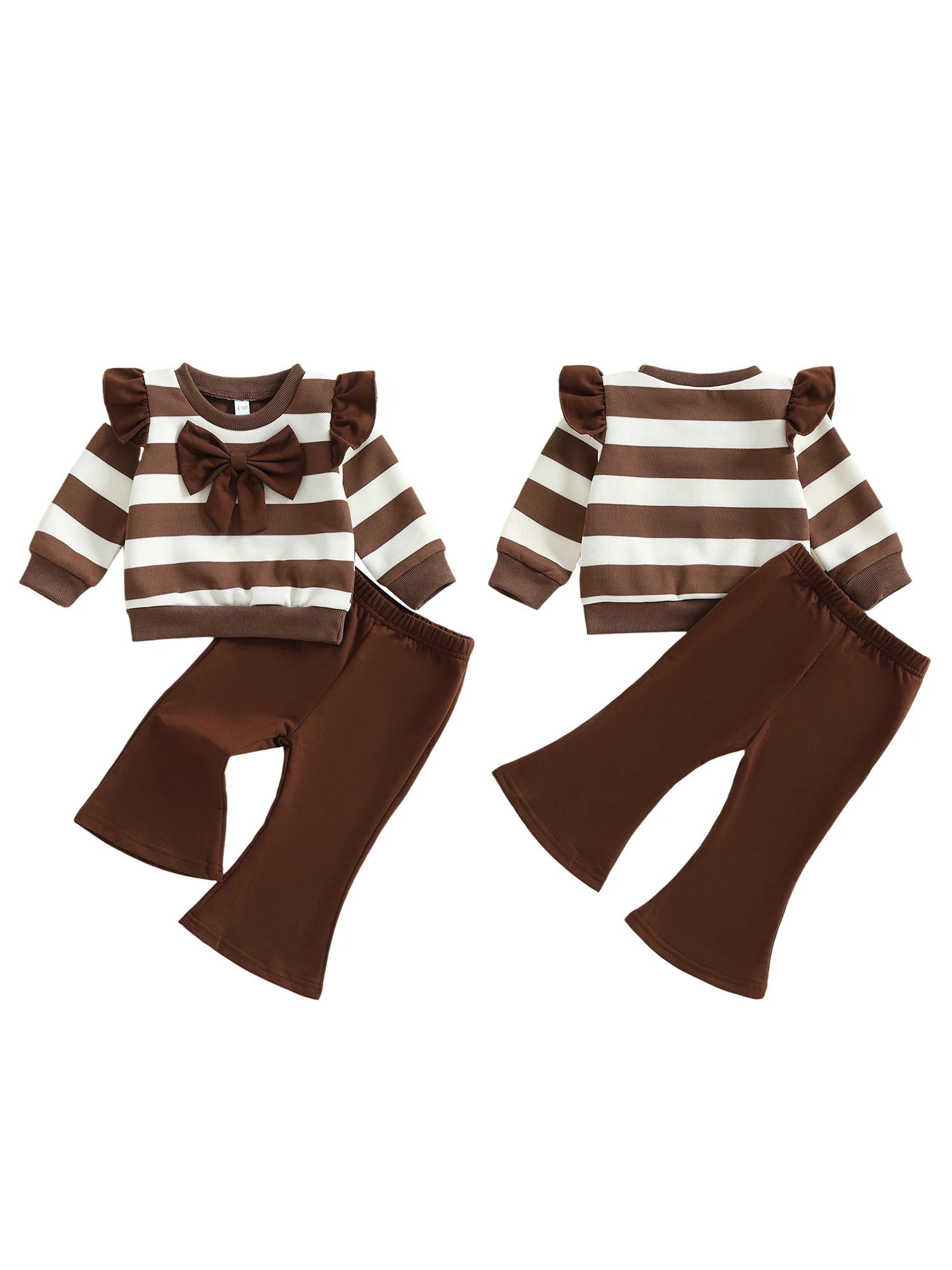 

Girls Fall Outfit Set with Flutter Sleeve O Neck Striped Top and Flared Pants for Toddlers