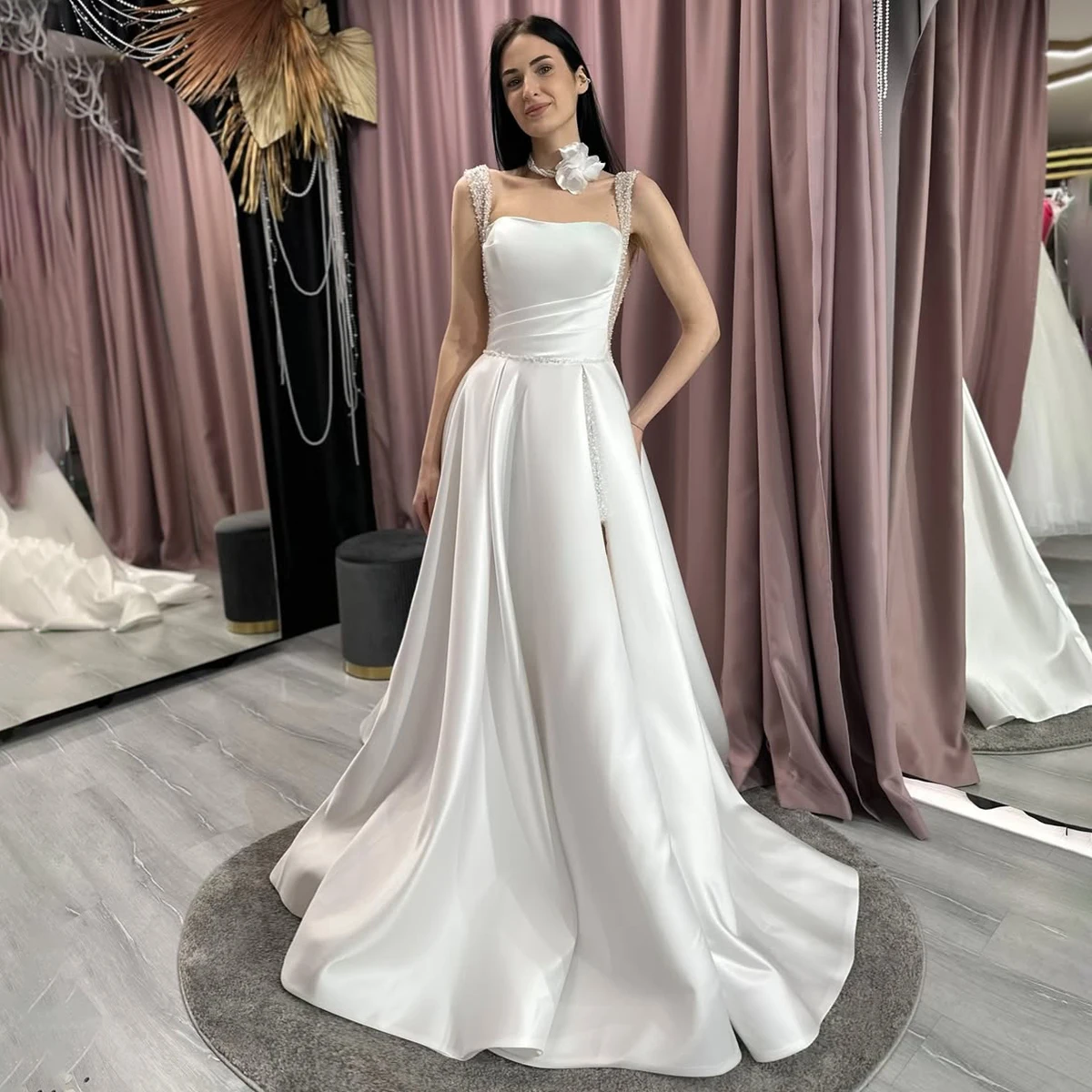 

Classic Vestidos Novia Satin Beaded Long Ball Gown Wedding Dresses With Train Pleated Spaghetti Strap Bridal Gown For Women
