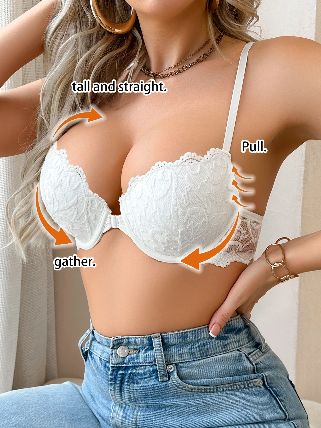 حمالة صدر مبطنة بالدانتيل باللون الأبيض النقي للنساء، ملابس داخلية مثيرة بمشبك أمامي، نمط يغرق يعزز الصدريات الصغيرة، ملابس داخلية نسائية ناعمة ومريحة