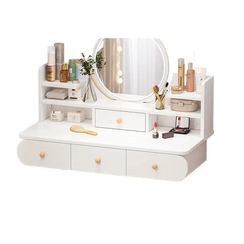 

Компактный туалетный столик для спальни в маленькой квартире, со встроенным шкафчиком для хранения, в стиле минималистичной роскоши.