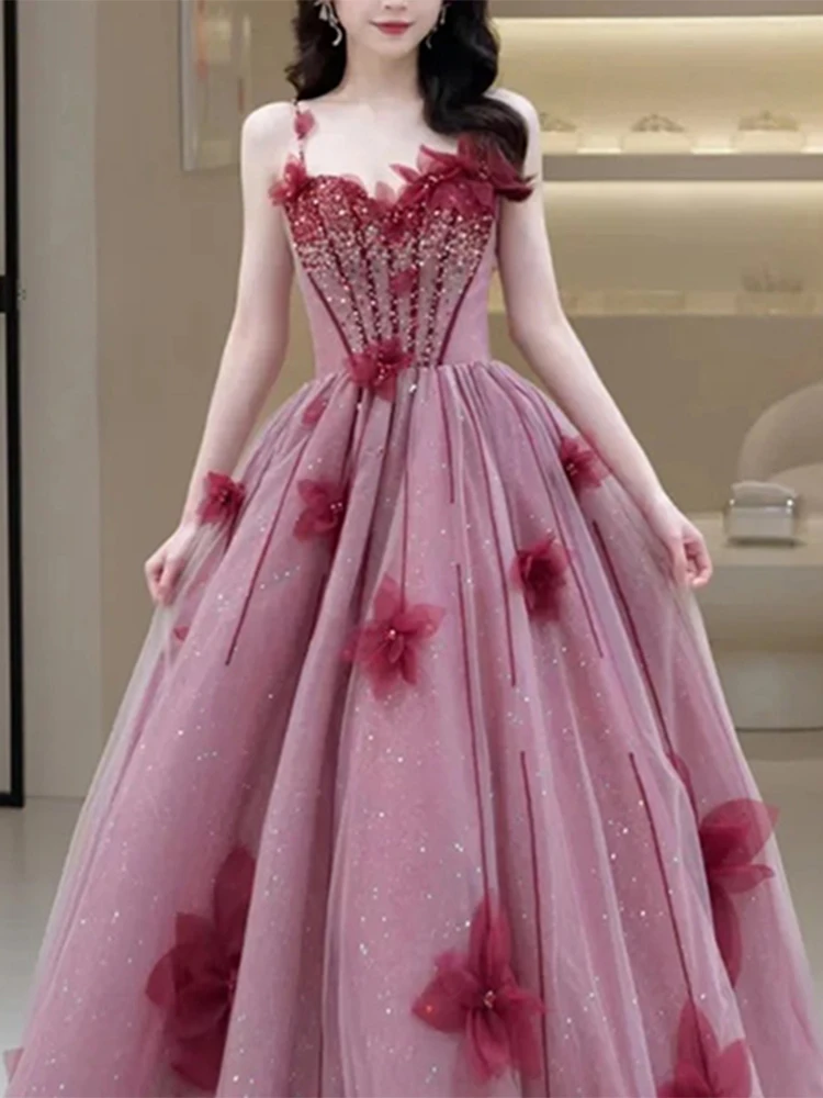Vestido De Noche De princesa De flores 3D con tirantes finos color Burdeos, apliques hasta el suelo, vestido De graduación para fiesta De boda, Vestidos De Noche