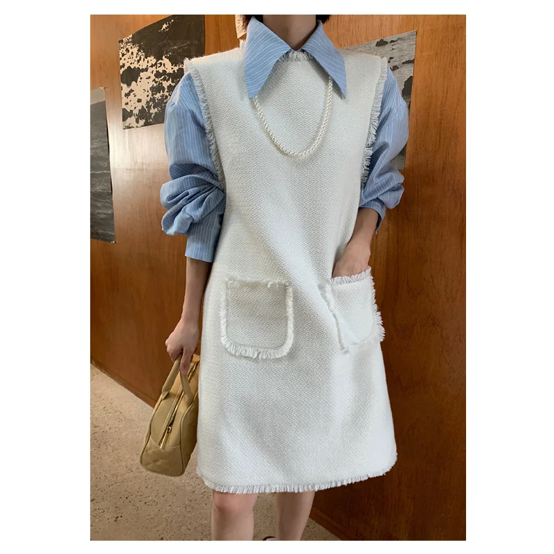 

French Small Fragrance Stacked Sleeveless White Women Dress Autumn Simple Casual Tassel Korea Chic Tweed Vest Lady Dress Mujer