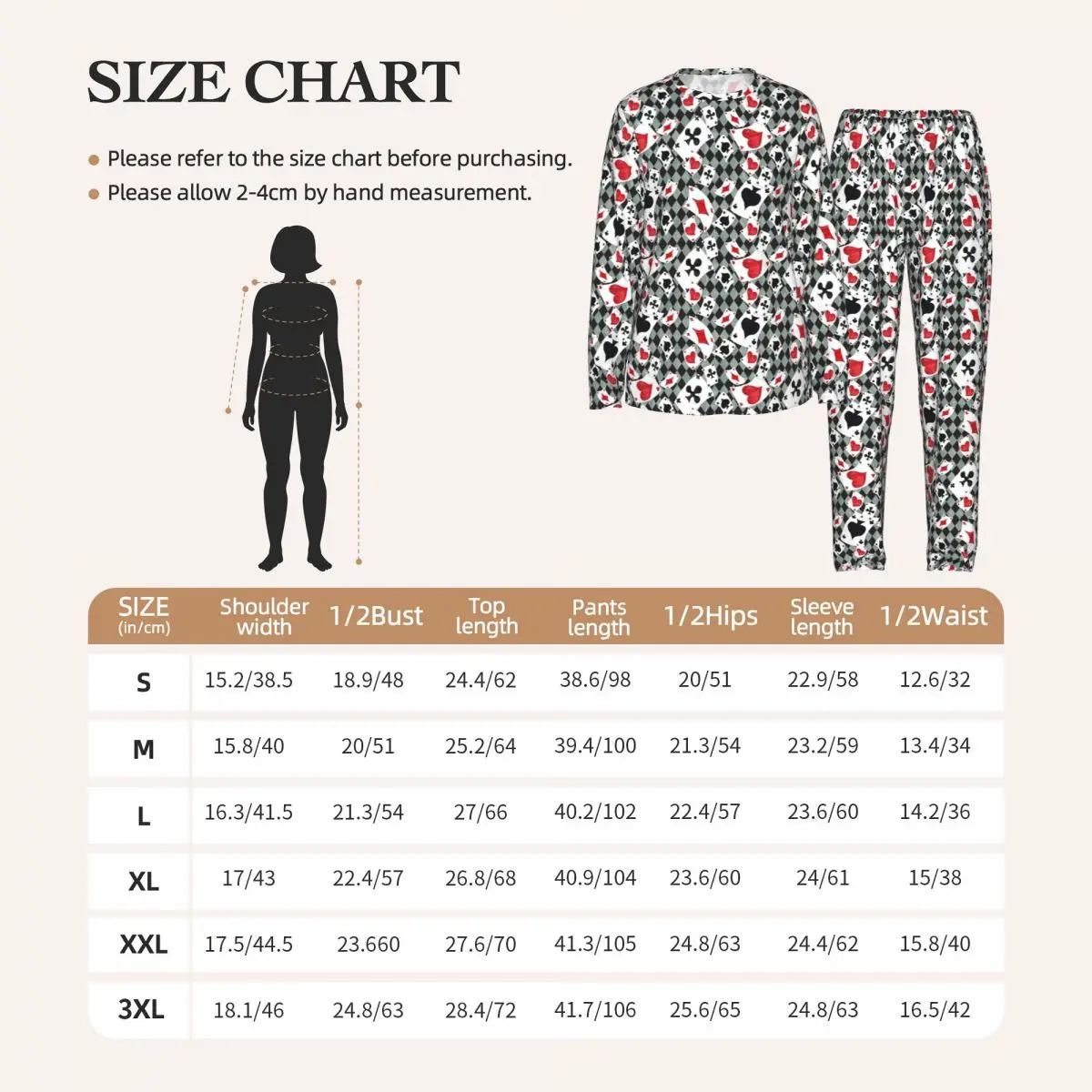Poker Playing Cards Pattern Game 3 Round Neck Long Sleeves Nightdress for Sleeping Sleepshirts Women Loose Pajama Set Long Pants