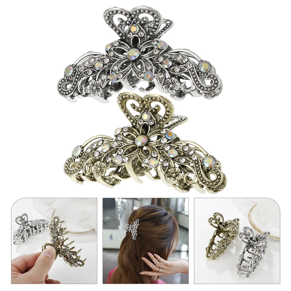 

2 Pcs Hair Barrettes Floral Rhinestone Clip Clips Thin Claw Jaw for Thick European and American Women Decorative Miss