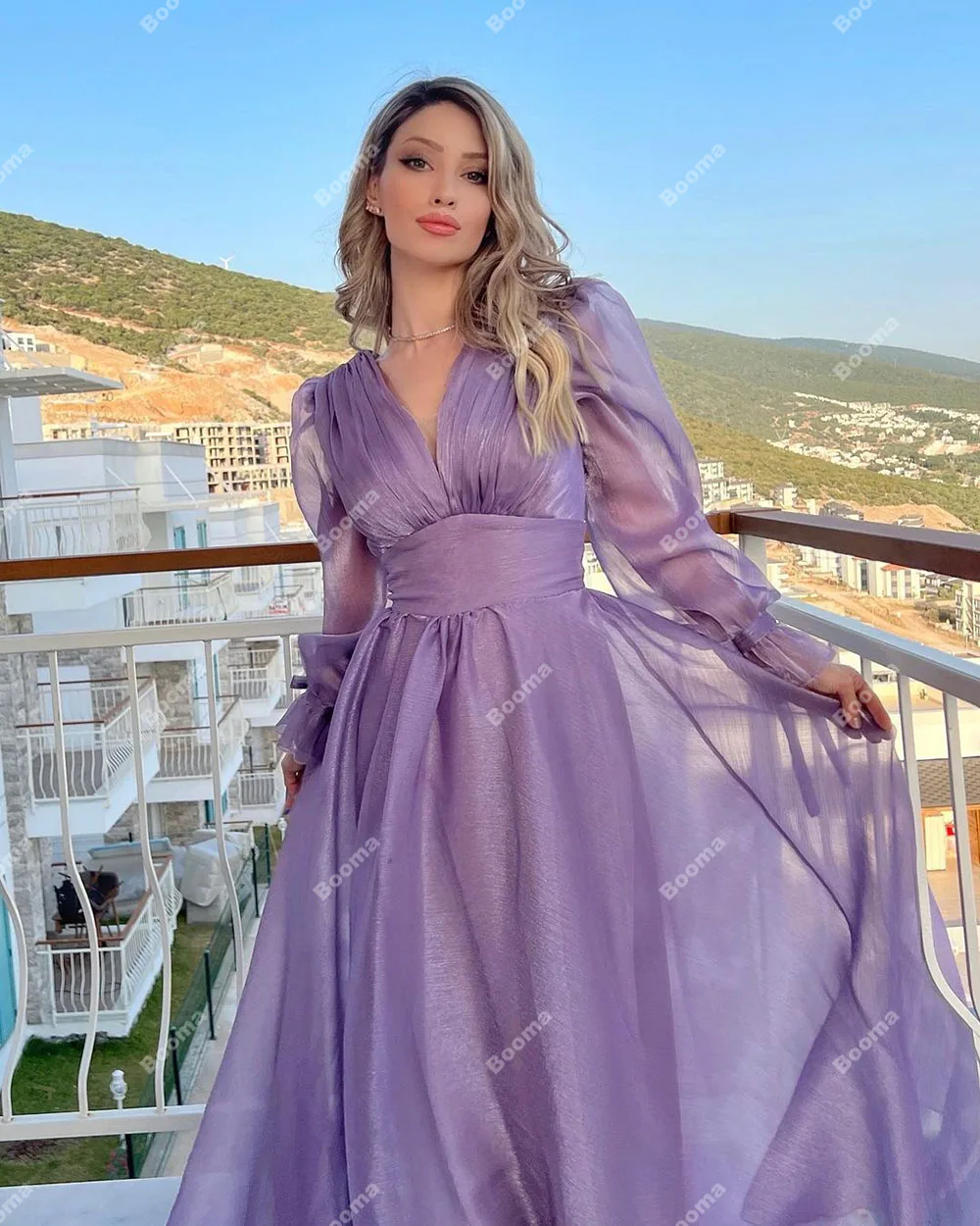 Booma Purple A Line Fomal Evening Deress V Neck Long Sleeves Organza  Prom Gowns Floor Length Party Events Dresses for Women