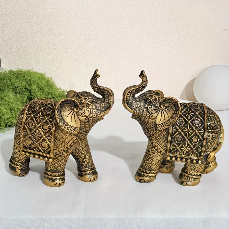 2pcs Black and Golden Lucky Wealth Elephant Resin Ornaments | Suitable for Room, Office, Desk Decoration, Indoor and Outdoor Use