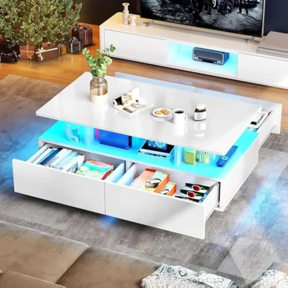 

LED Coffee Table, High Glossy Coffees Tables w/Storage 4 Sliding Drawers, Small Rectangular LED Coffee Table &Open Display Shelf